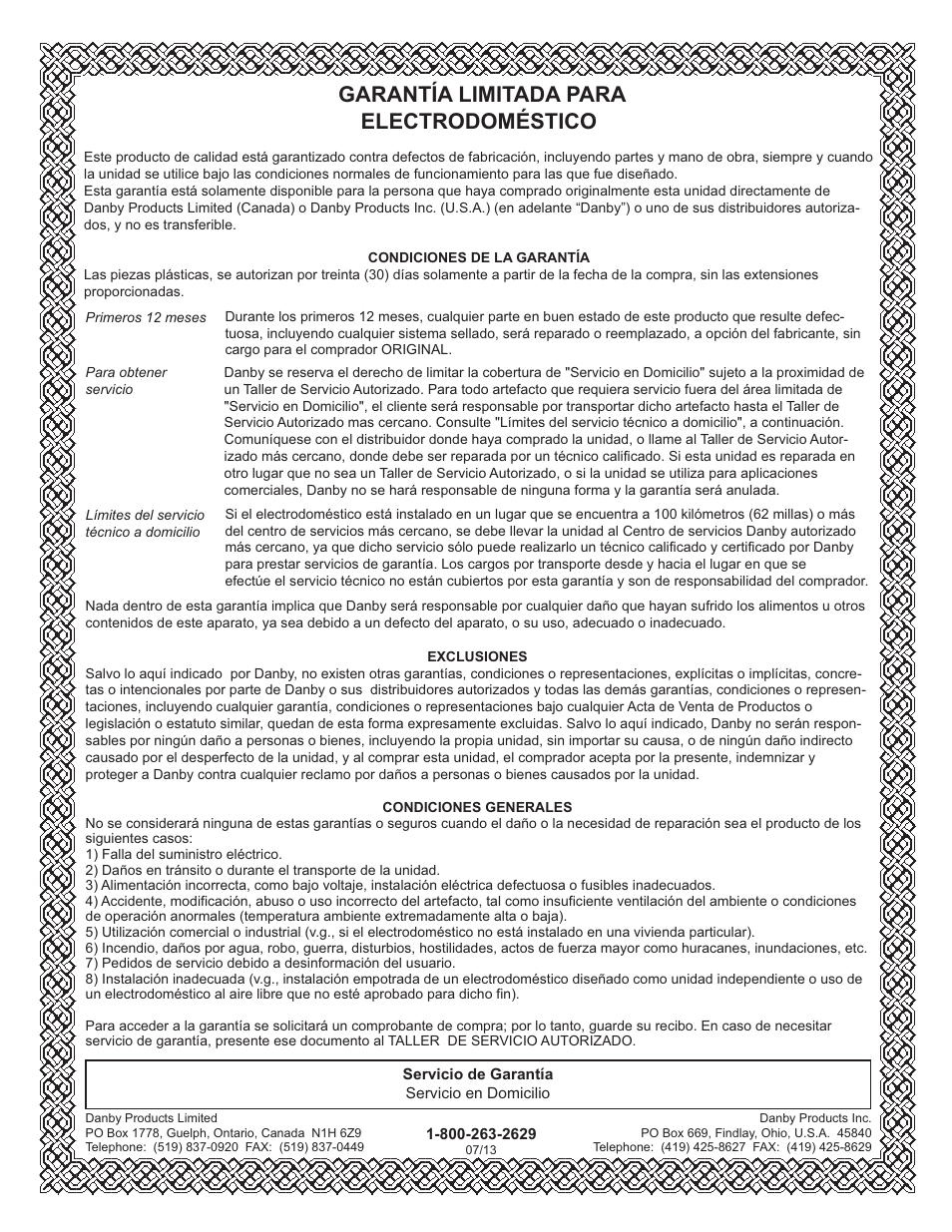 Limited in-home appliance warranty, Garantía limitada para electrodoméstico | Danby DCF072A2WDB1 User Manual | Page 23 / 24