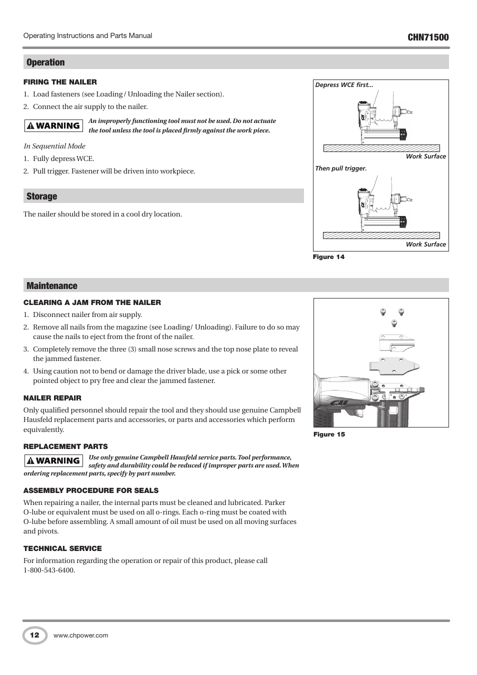 Storage, Operation, Maintenance | Campbell Hausfeld IN730100AV User Manual | Page 12 / 48