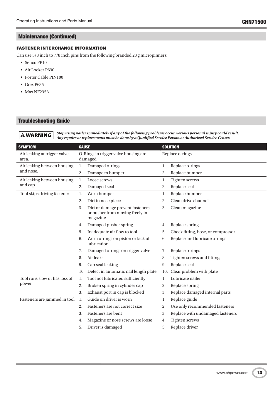 Maintenance (continued) | Campbell Hausfeld IN730100AV User Manual | Page 13 / 48