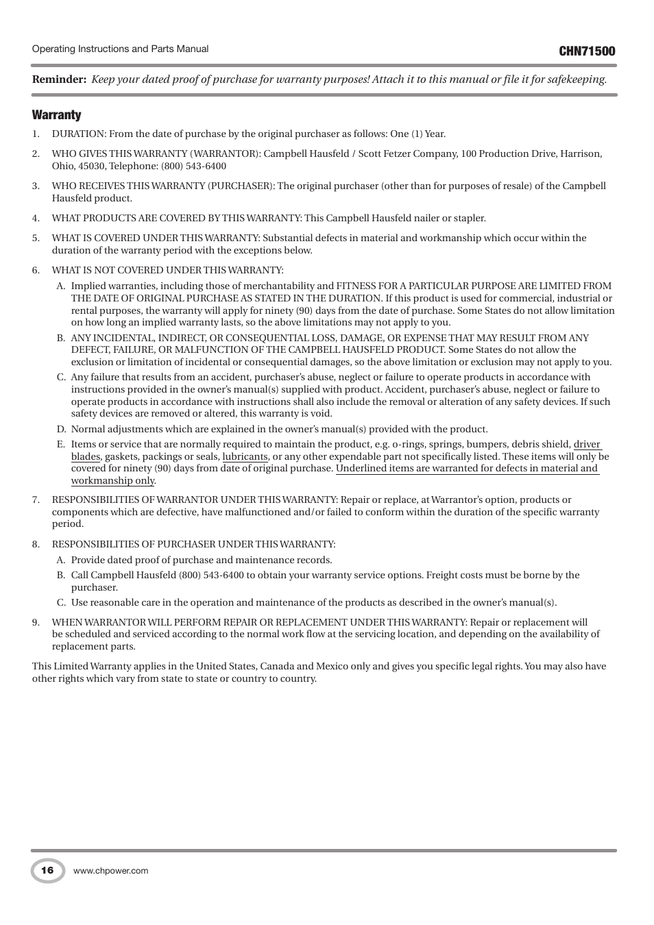 Warranty | Campbell Hausfeld IN730100AV User Manual | Page 16 / 48