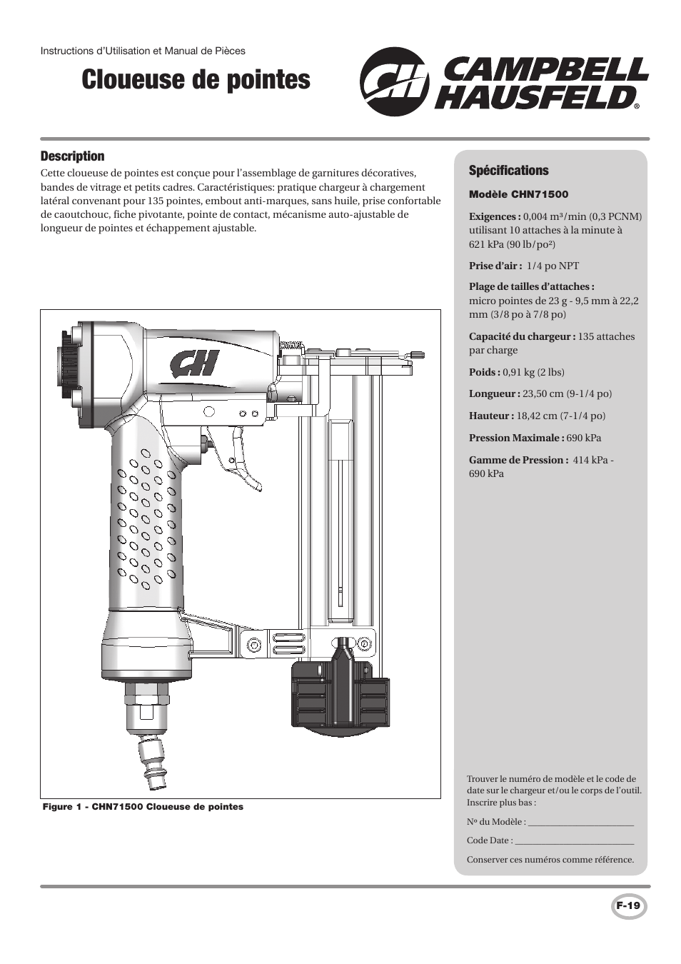 Cloueuse de pointes, Spécifications, Description | Campbell Hausfeld IN730100AV User Manual | Page 19 / 48