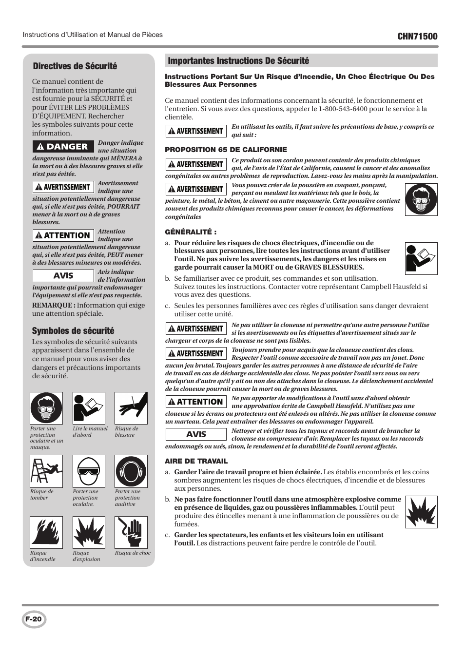 Importantes instructions de sécurité, Directives de sécurité, Symboles de sécurité | Campbell Hausfeld IN730100AV User Manual | Page 20 / 48