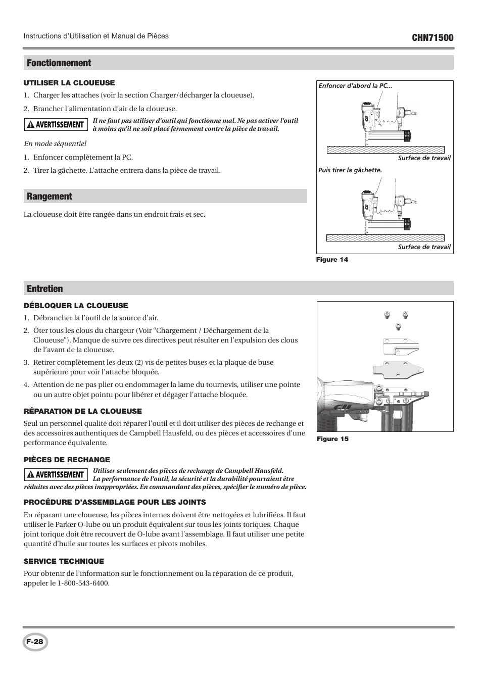 Rangement, Fonctionnement, Entretien | Campbell Hausfeld IN730100AV User Manual | Page 28 / 48