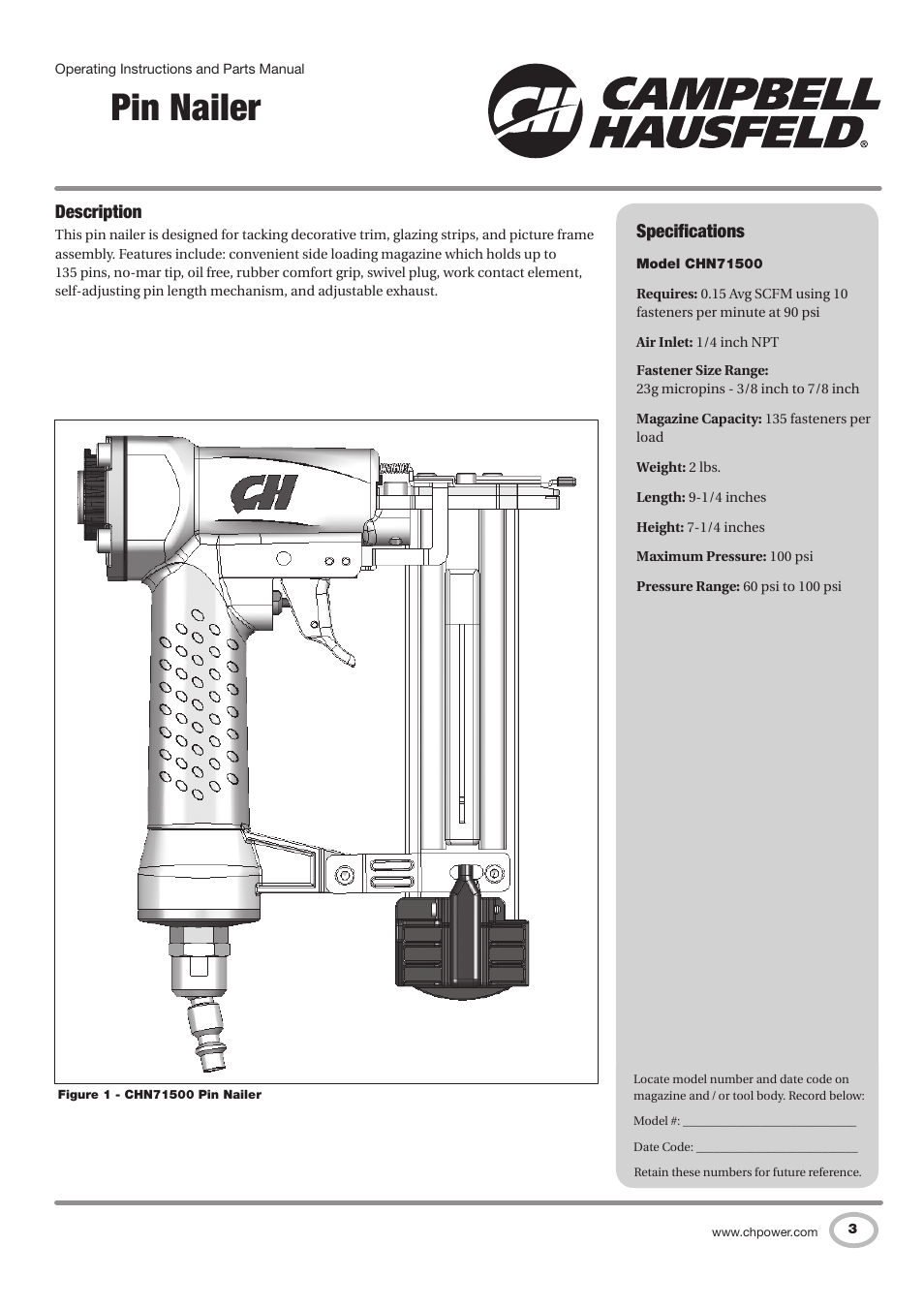 Pin nailer, Description, Specifications | Campbell Hausfeld IN730100AV User Manual | Page 3 / 48