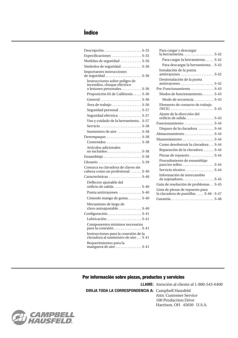 Índice | Campbell Hausfeld IN730100AV User Manual | Page 34 / 48