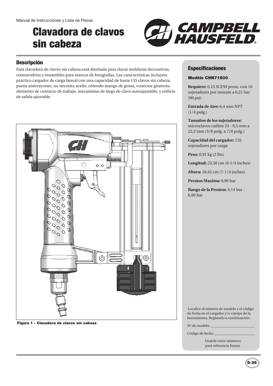 Clavadora de clavos sin cabeza | Campbell Hausfeld IN730100AV User Manual | Page 35 / 48