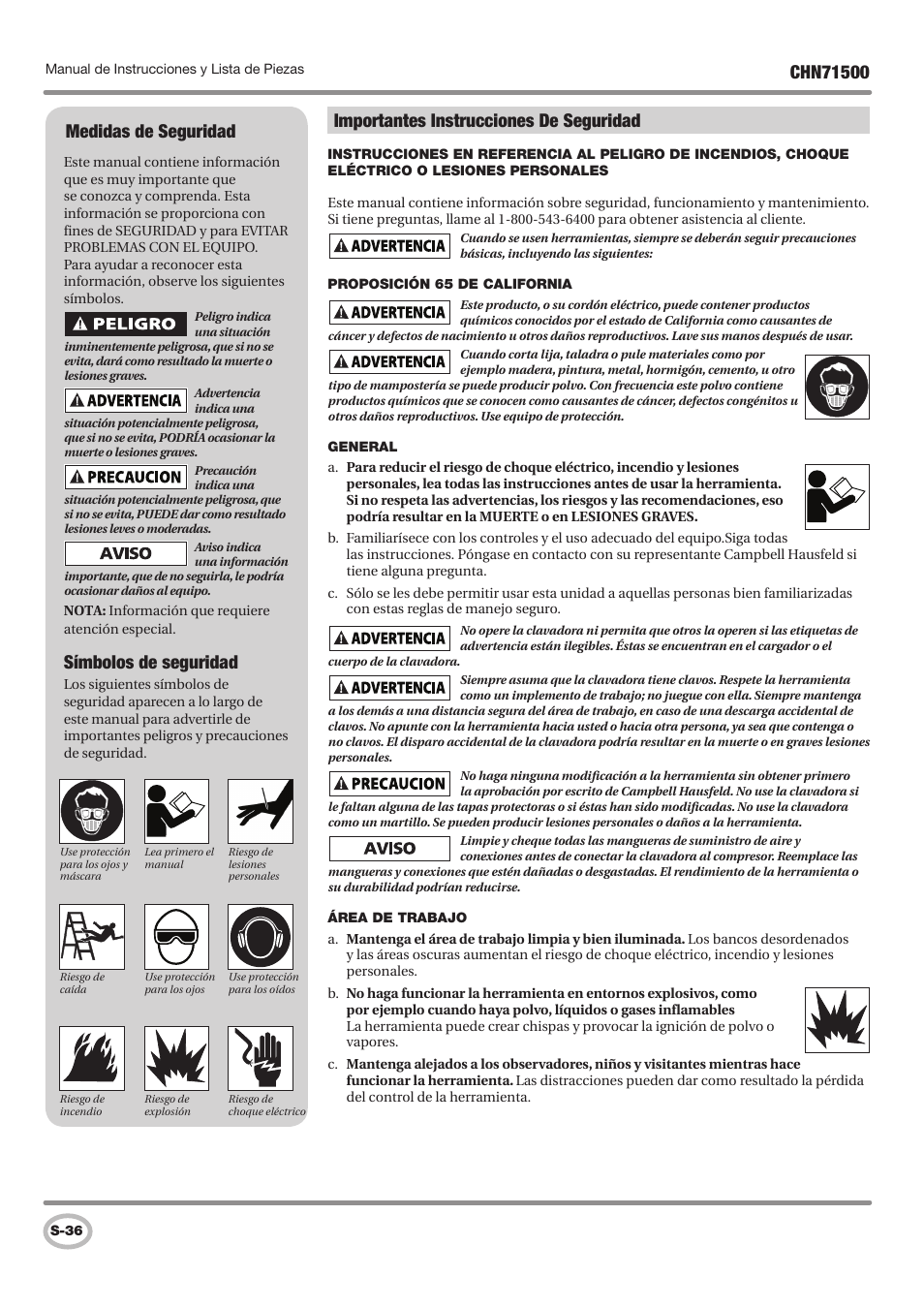 Importantes instrucciones de seguridad, Medidas de seguridad, Símbolos de seguridad | Campbell Hausfeld IN730100AV User Manual | Page 36 / 48