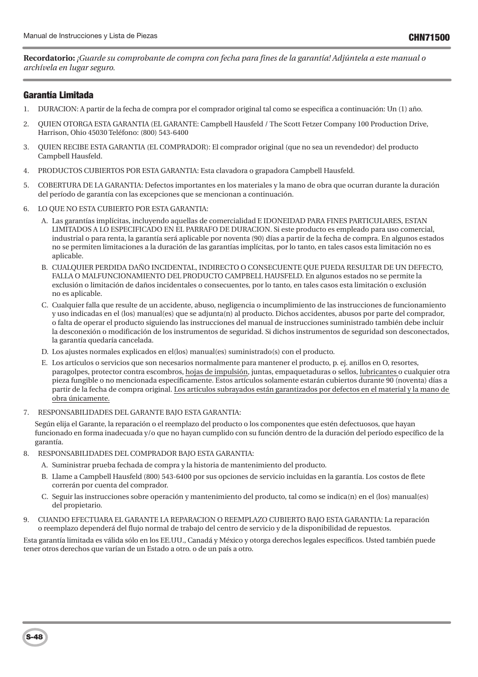 Garantía limitada | Campbell Hausfeld IN730100AV User Manual | Page 48 / 48