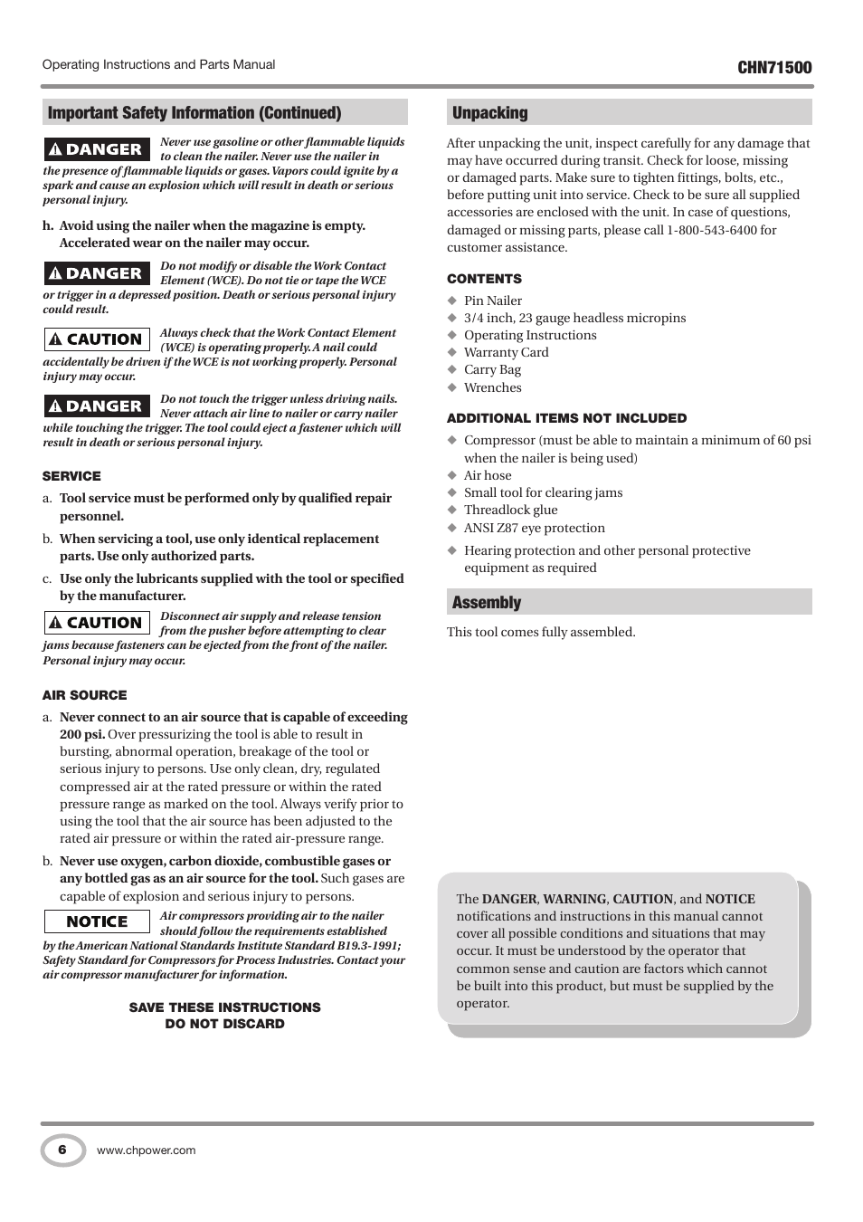 Important safety information (continued), Unpacking, Assembly | Campbell Hausfeld IN730100AV User Manual | Page 6 / 48