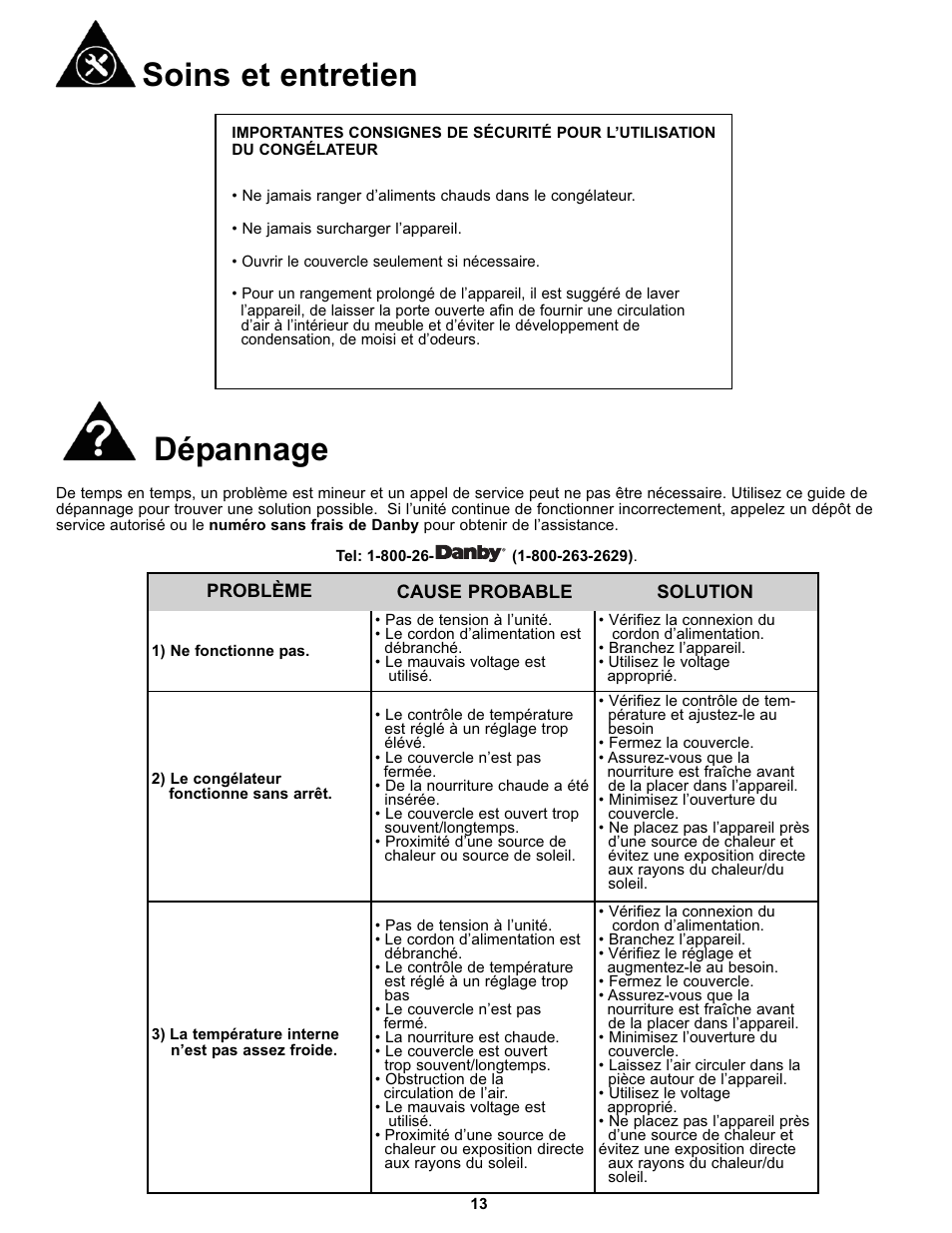 Soins et entretien, Dépannage | Danby DCF072A2WP User Manual | Page 15 / 24