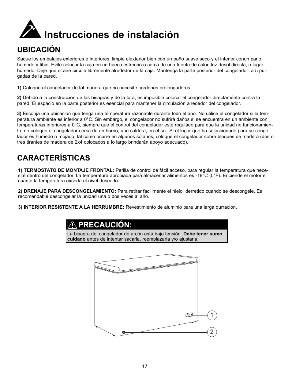 Instrucciones de instalación, Ubicación características, Precaución | Danby DCF072A2WP User Manual | Page 19 / 24