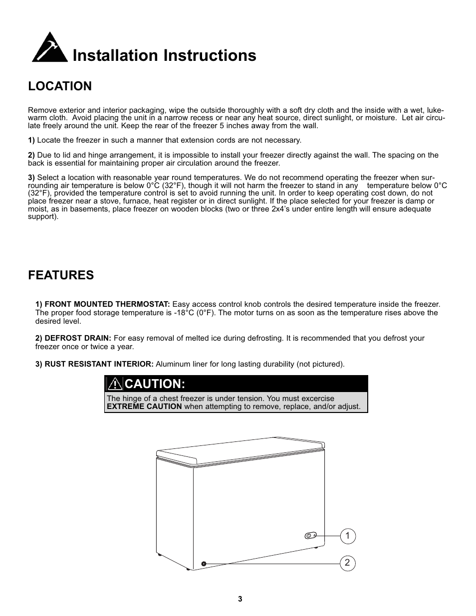 Installation instructions, Location features, Caution | Danby DCF072A2WP User Manual | Page 5 / 24