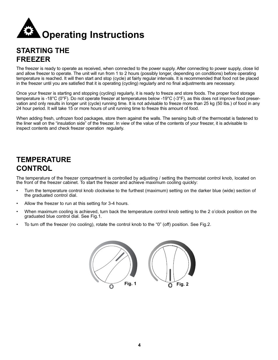 Operating instructions, Starting the freezer, Temperature control | Danby DCF072A2WP User Manual | Page 6 / 24