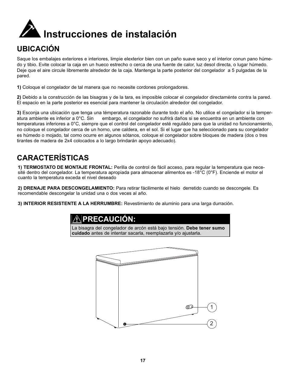 Instrucciones de instalación, Ubicación características, Precaución | Danby DCF081A1WDD User Manual | Page 19 / 24