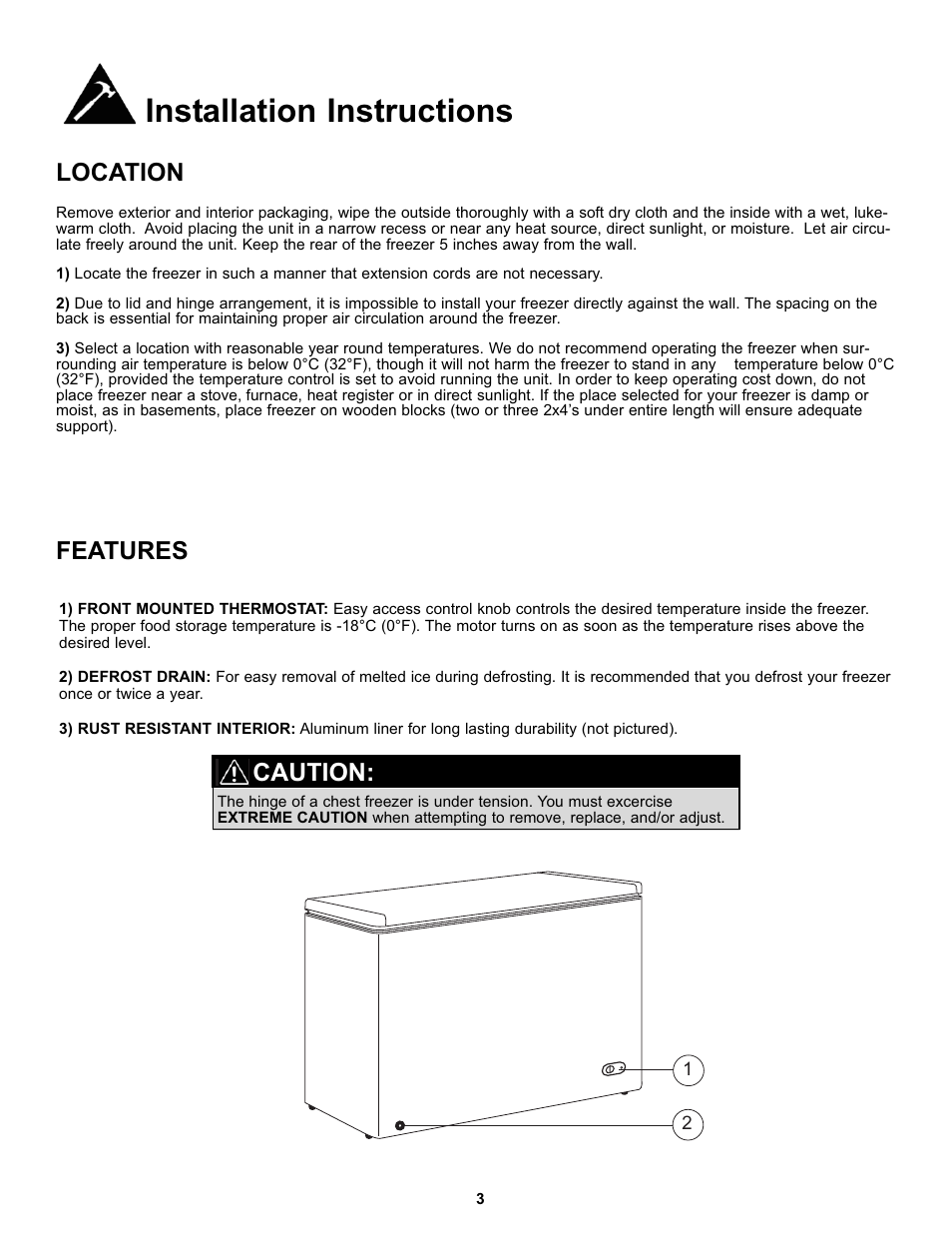 Installation instructions, Location features, Caution | Danby DCF081A1WDD User Manual | Page 5 / 24