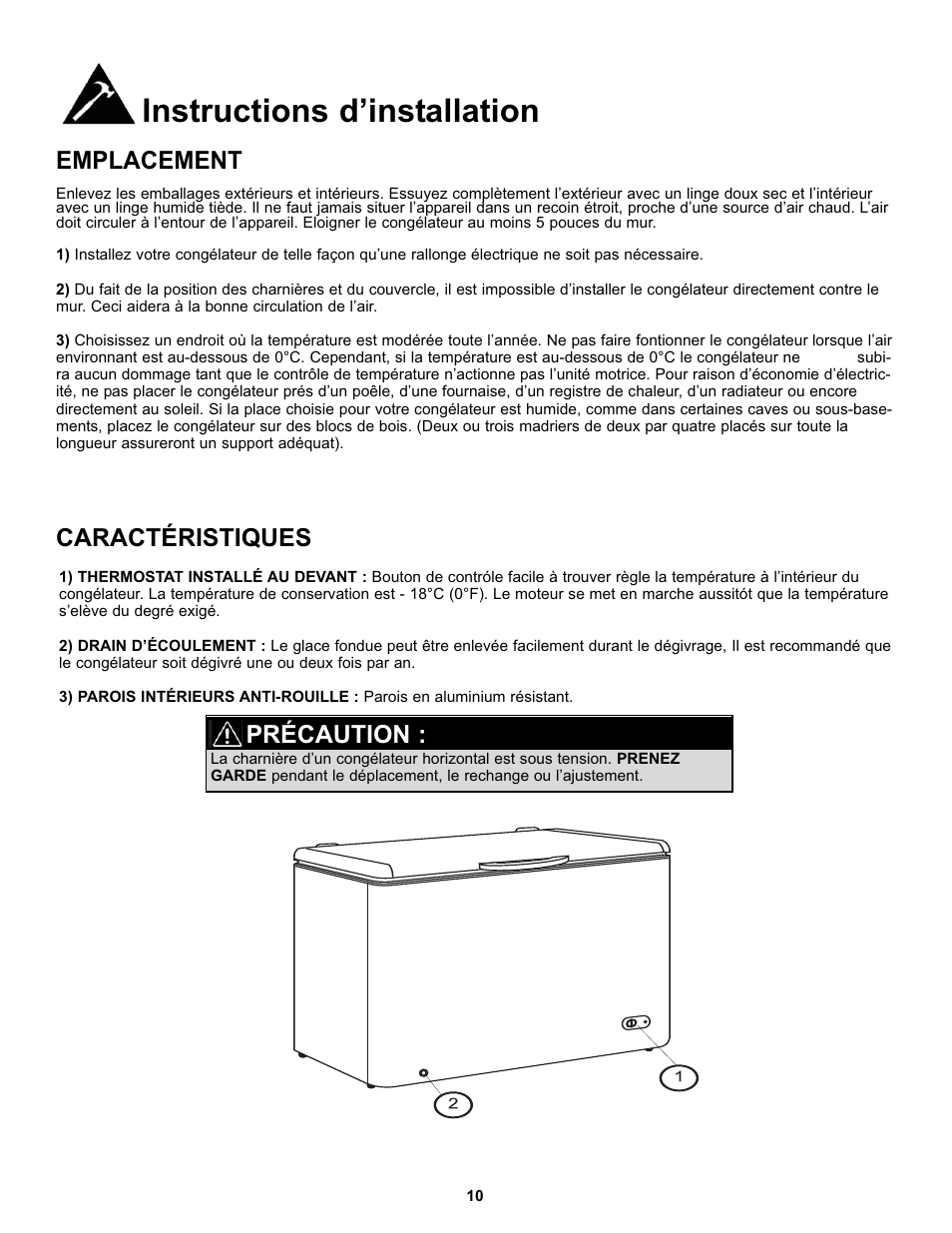 Instructions d’installation, Emplacement, Caractéristiques | Précaution | Danby DCF096A1WDD1 User Manual | Page 12 / 24