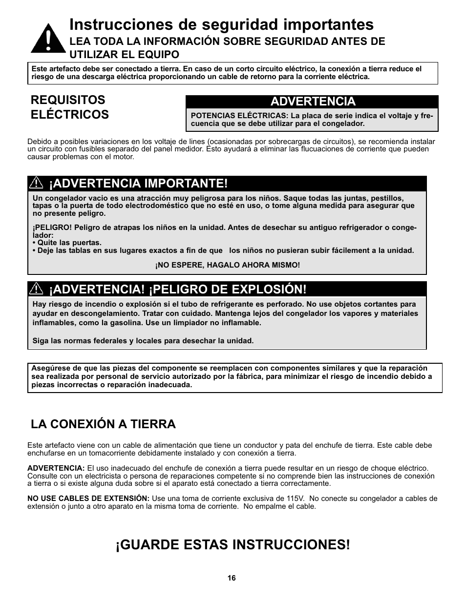 Instrucciones de seguridad importantes, Guarde estas instrucciones, Requisitos eléctricos | Advertencia, La conexión a tierra, Advertencia! ¡peligro de explosión, Advertencia importante | Danby DCF096A1WDD1 User Manual | Page 18 / 24