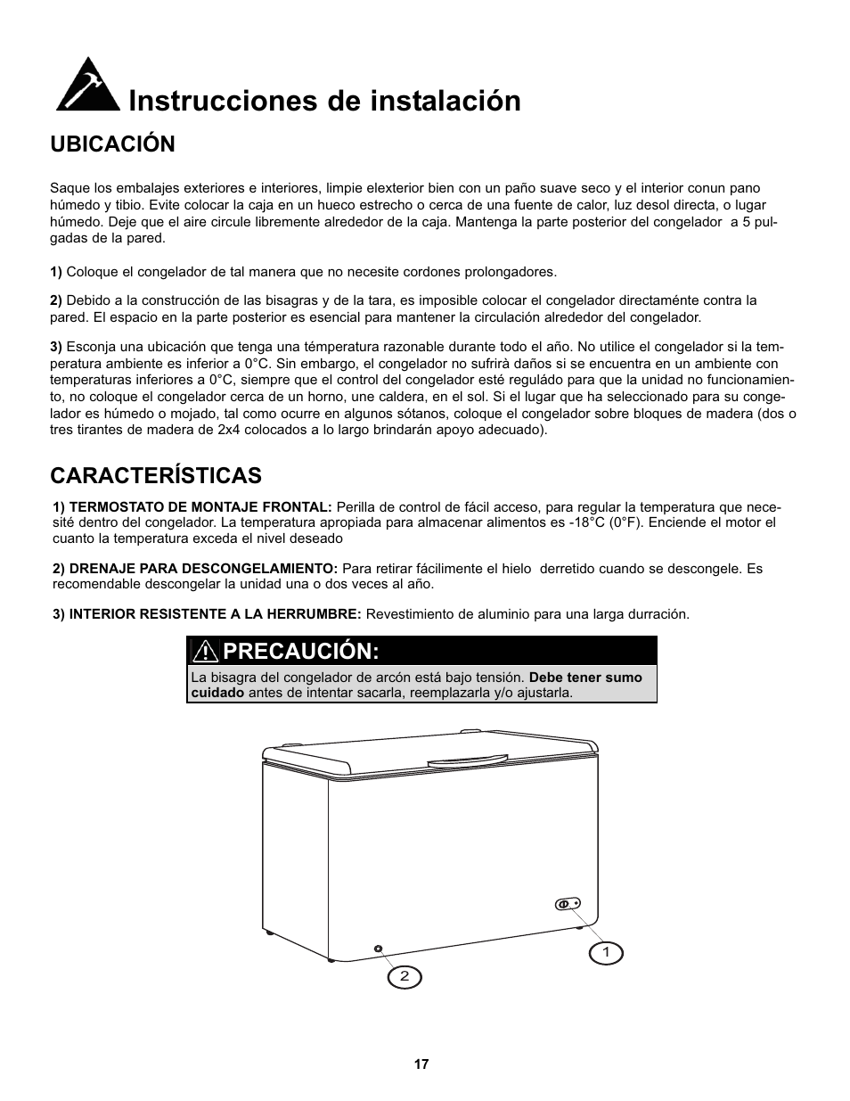 Instrucciones de instalación, Ubicación características, Precaución | Danby DCF096A1WDD1 User Manual | Page 19 / 24