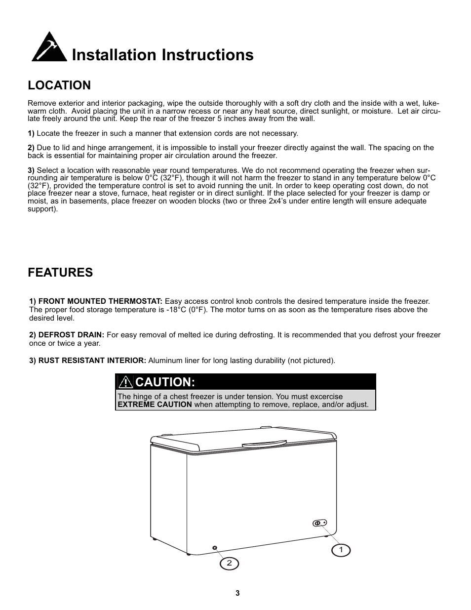 Installation instructions, Location features, Caution | Danby DCF096A1WDD1 User Manual | Page 5 / 24