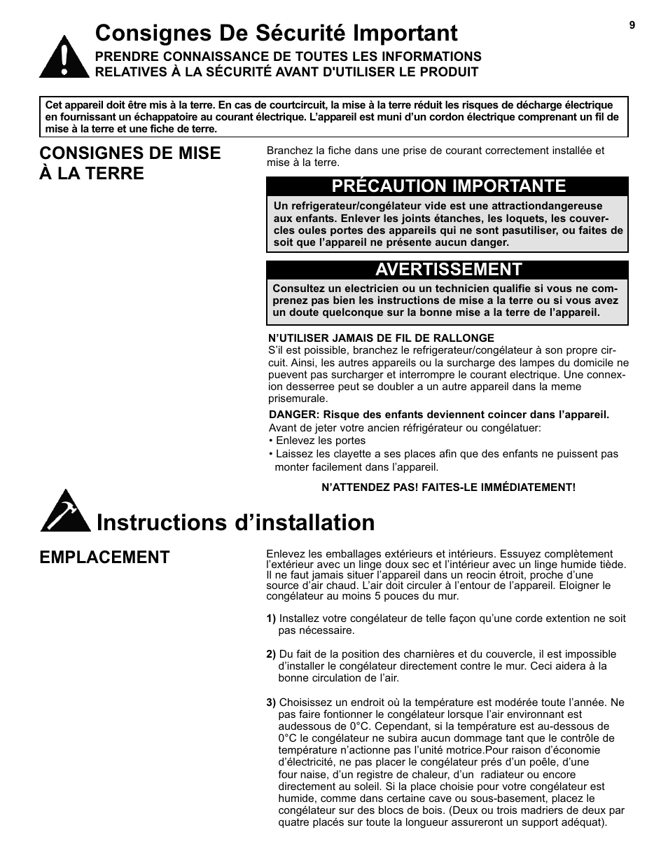 Consignes de sécurité important, Instructions d’installation, Consignes de mise à la terre | Précaution importante avertissement, Emplacement | Danby DCF550W User Manual | Page 11 / 24