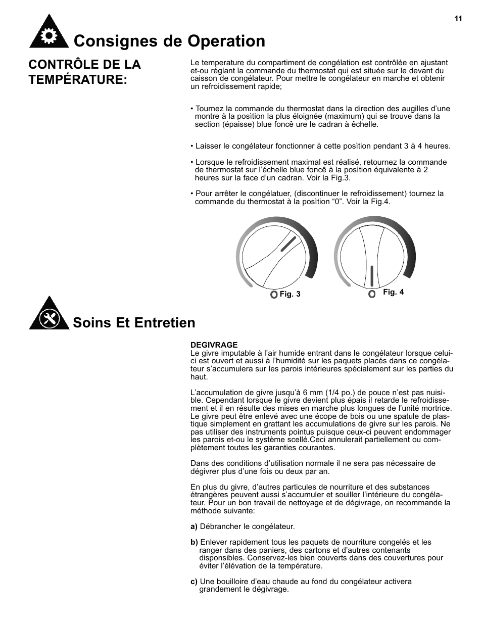 Consignes de operation, Soins et entretien, Contrôle de la température | Danby DCF550W User Manual | Page 13 / 24