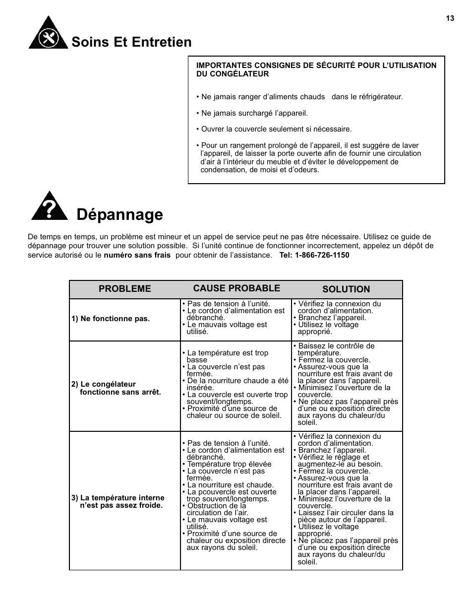 Dépannage, Soins et entretien | Danby DCF550W User Manual | Page 15 / 24