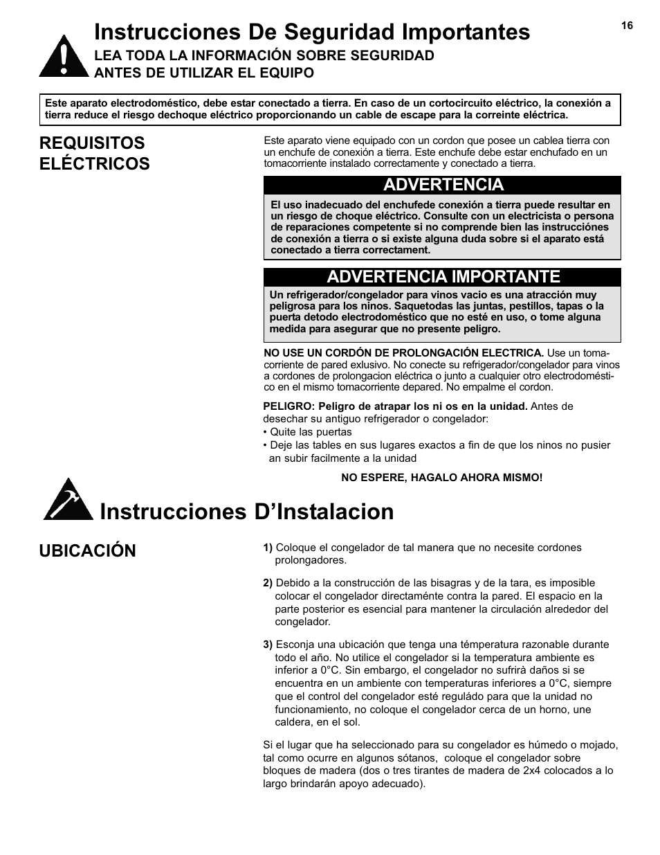 Instrucciones de seguridad importantes, Instrucciones d’instalacion, Requisitos eléctricos | Advertencia advertencia importante, Ubicación | Danby DCF550W User Manual | Page 18 / 24