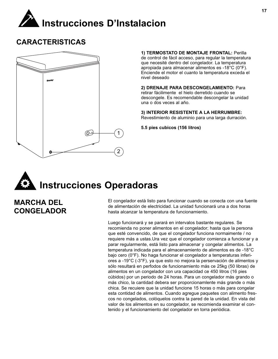 Instrucciones d’instalacion, Instrucciones operadoras, Caracteristicas | Marcha del congelador | Danby DCF550W User Manual | Page 19 / 24