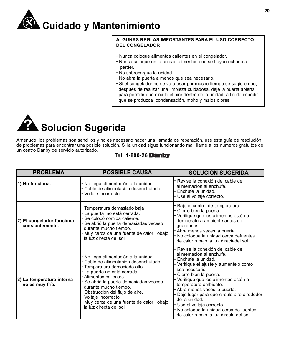 Cuidado y mantenimiento, Solucion sugerida | Danby DCF550W User Manual | Page 22 / 24