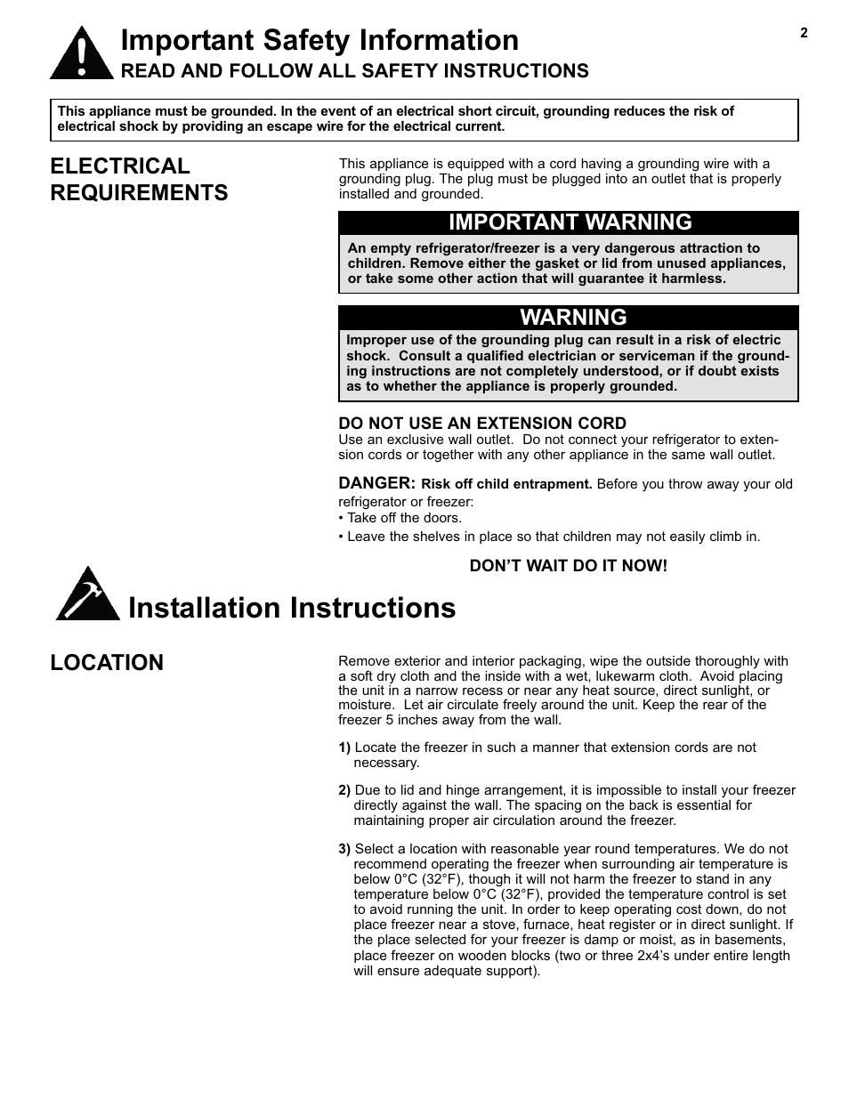 Important safety information, Installation instructions, Electrical requirements | Important warning warning, Location | Danby DCF550W User Manual | Page 4 / 24