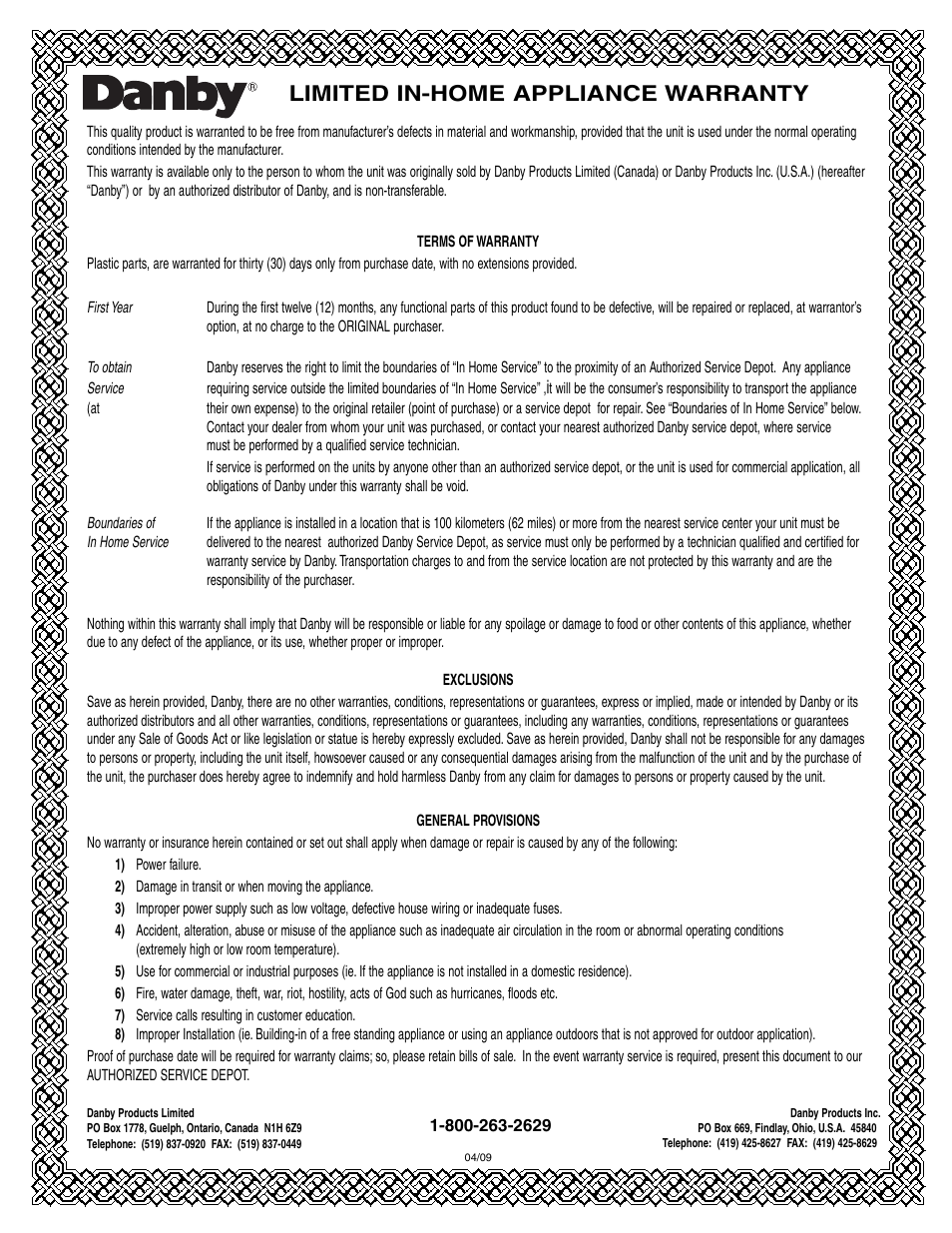 Limited in-home appliance warranty | Danby DCF550W User Manual | Page 9 / 24