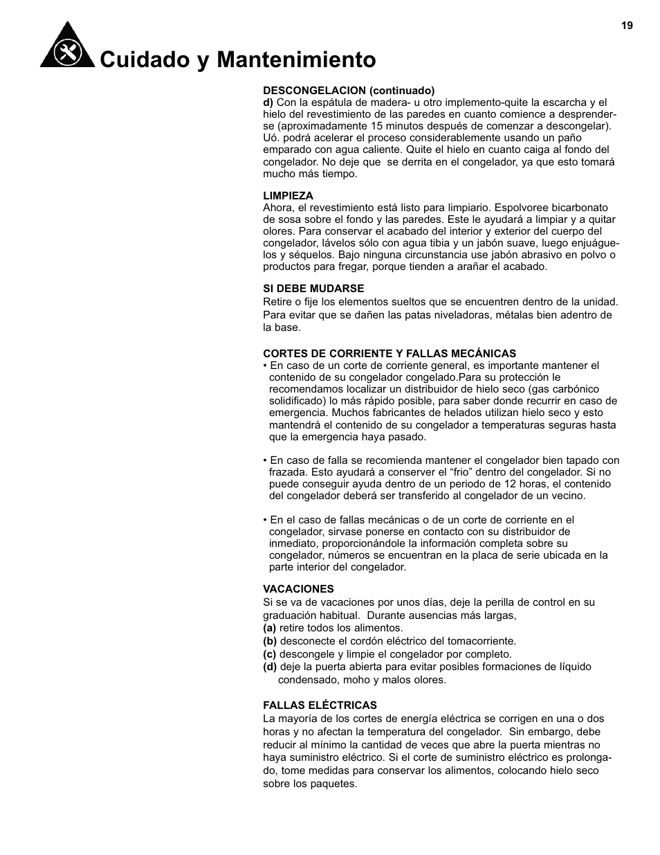 Cuidado y mantenimiento | Danby DCF550W1 User Manual | Page 21 / 24