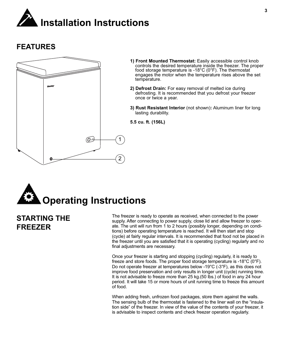Installation instructions, Operating instructions, Features | Starting the freezer | Danby DCF550W1 User Manual | Page 5 / 24