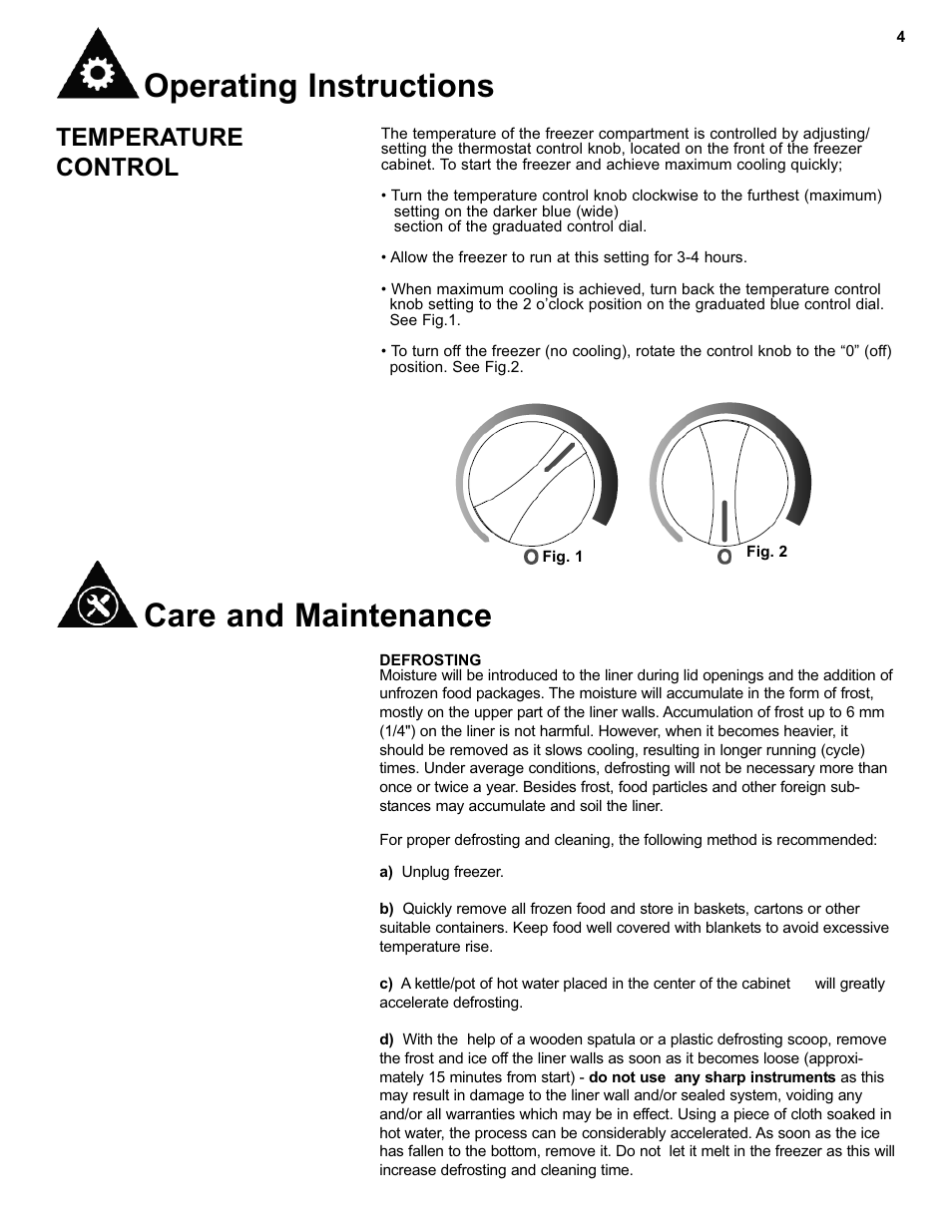 Care and maintenance, Operating instructions, Temperature control | Danby DCF550W1 User Manual | Page 6 / 24