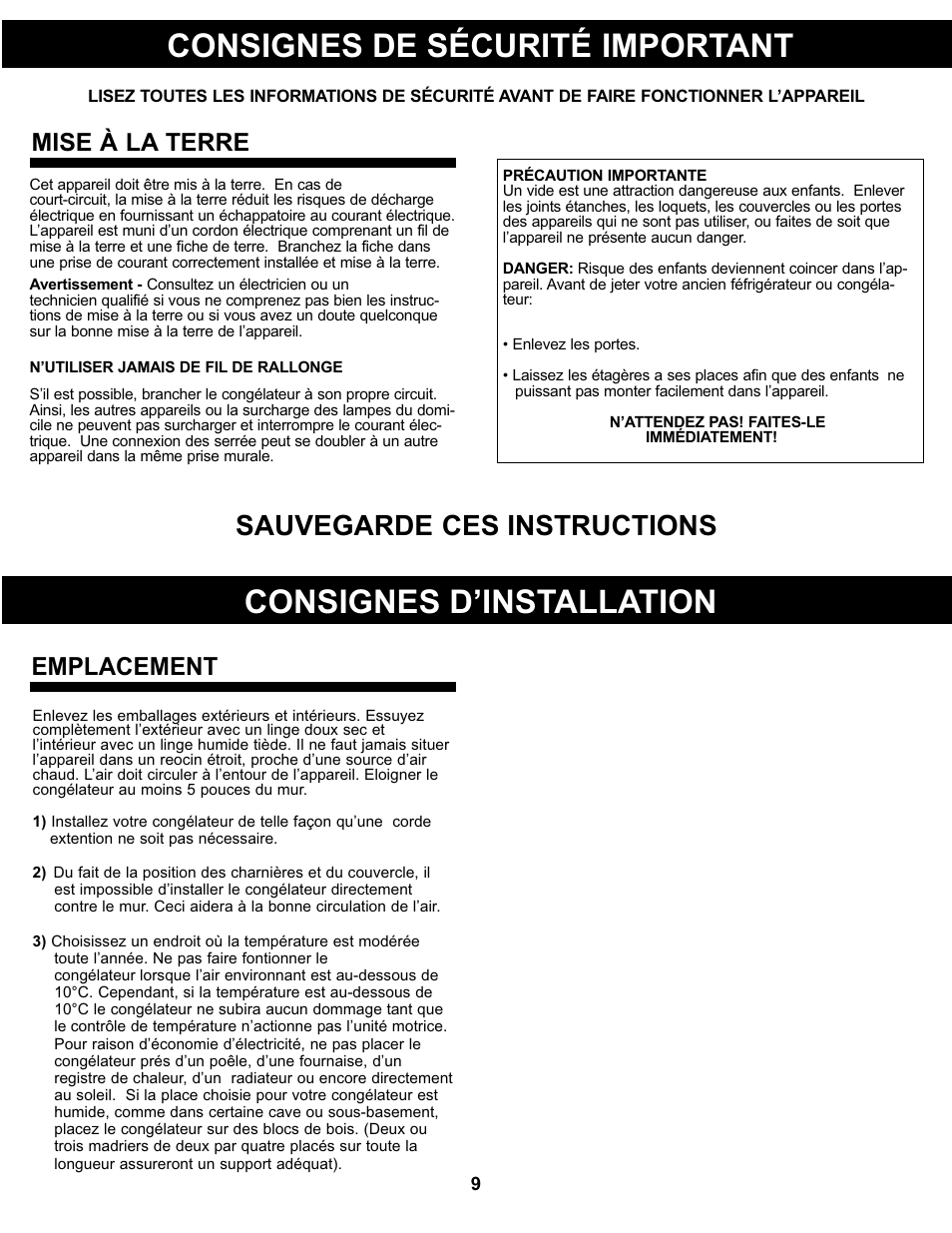 Consignes de sécurité important, Consignes d’installation, Sauvegarde ces instructions | Mise à la terre, Emplacement | Danby DCFM99WDD User Manual | Page 10 / 21