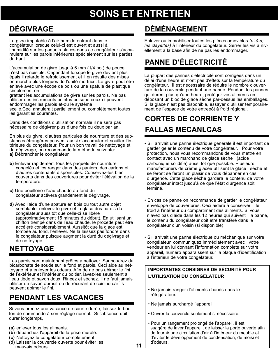 Soins et entretien, Dégivrage, Nettoyage | Pendant les vacances, Panne d’électricité, Déménagement, Cortes de corriente y fallas mecanlcas | Danby DCFM99WDD User Manual | Page 12 / 21