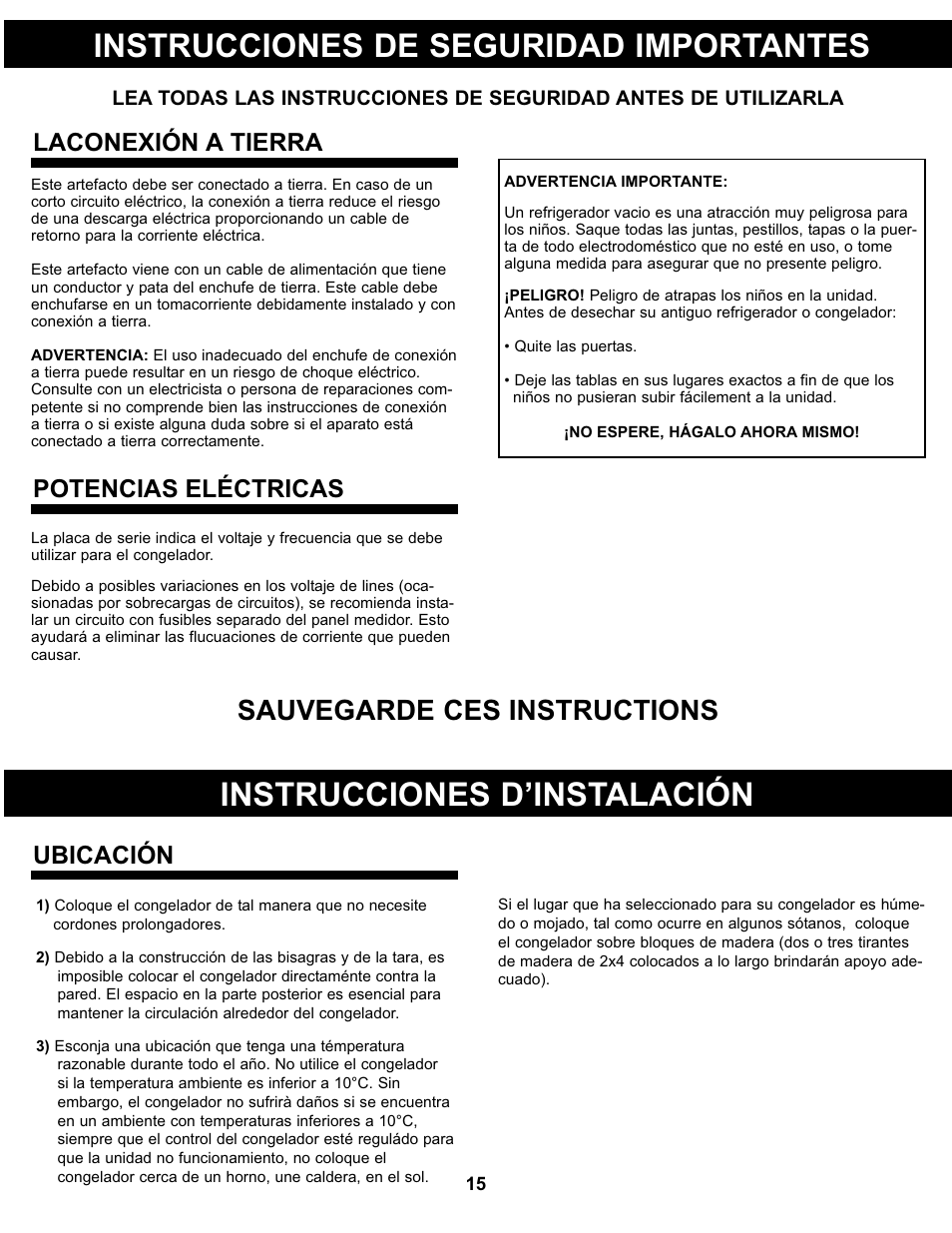Instrucciones de seguridad importantes, Instrucciones d’instalación, Sauvegarde ces instructions | Laconexión a tierra, Ubicación potencias eléctricas | Danby DCFM99WDD User Manual | Page 16 / 21