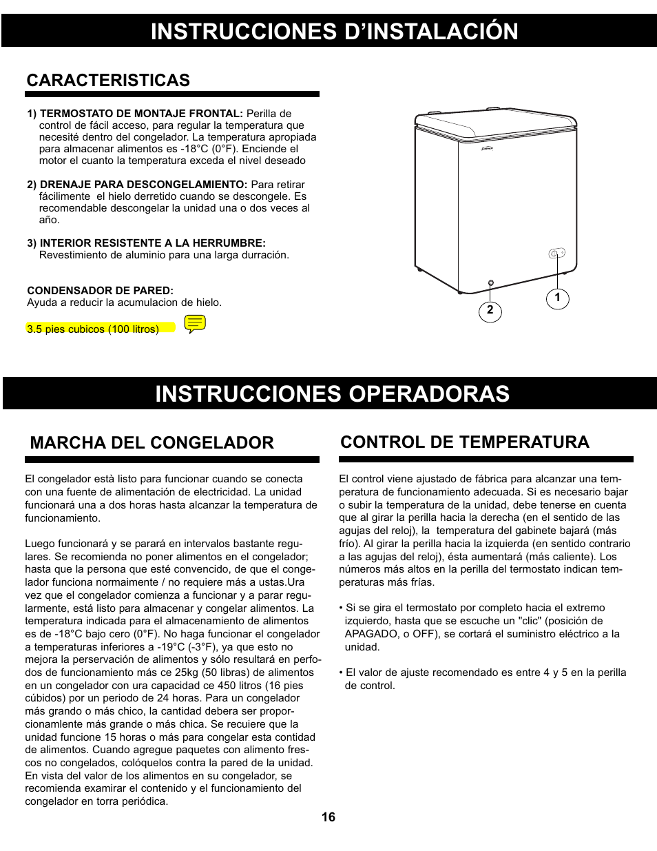 Instrucciones d’instalación, Instrucciones operadoras, Caracteristicas | Marcha del congelador control de temperatura | Danby DCFM99WDD User Manual | Page 17 / 21