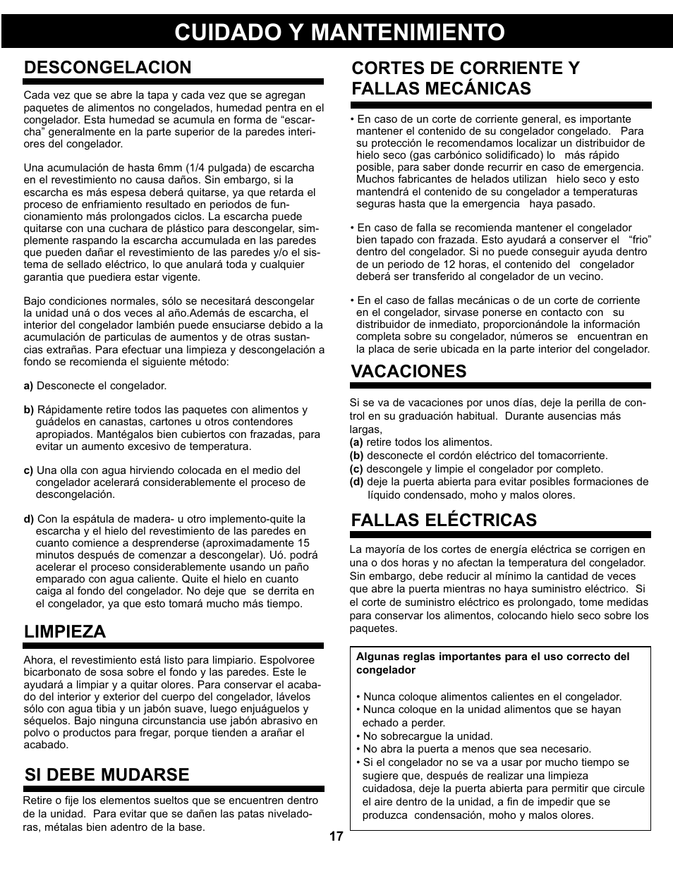 Cuidado y mantenimiento, Descongelacion, Limpieza | Cortes de corriente y fallas mecánicas vacaciones, Fallas eléctricas, Si debe mudarse | Danby DCFM99WDD User Manual | Page 18 / 21