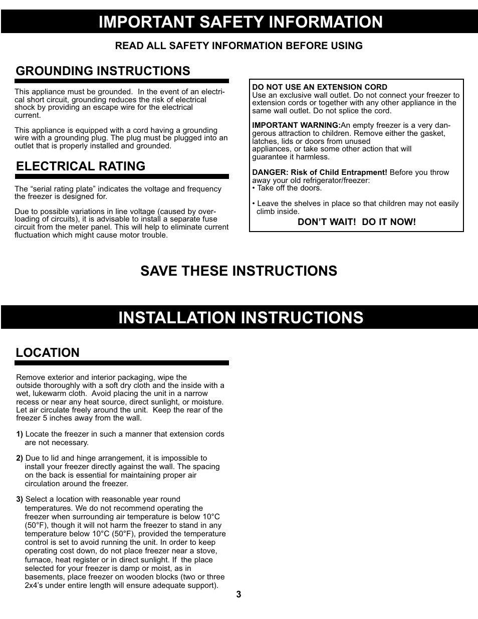 Important safety information, Installation instructions, Save these instructions | Grounding instructions, Electrical rating, Location | Danby DCFM99WDD User Manual | Page 4 / 21