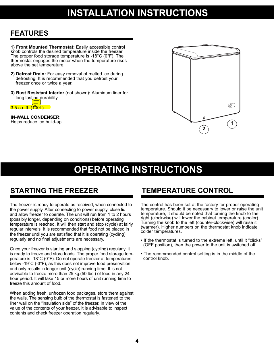 Installation instructions, Operating instructions, Features | Starting the freezer temperature control | Danby DCFM99WDD User Manual | Page 5 / 21