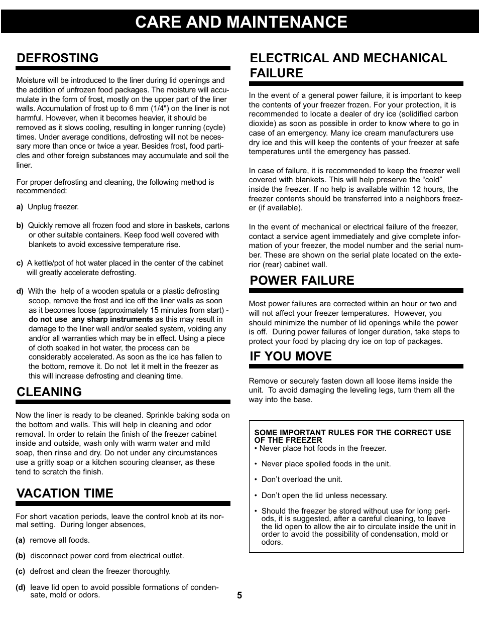 Care and maintenance, Defrosting, Cleaning | Electrical and mechanical failure vacation time, Power failure, If you move | Danby DCFM99WDD User Manual | Page 6 / 21