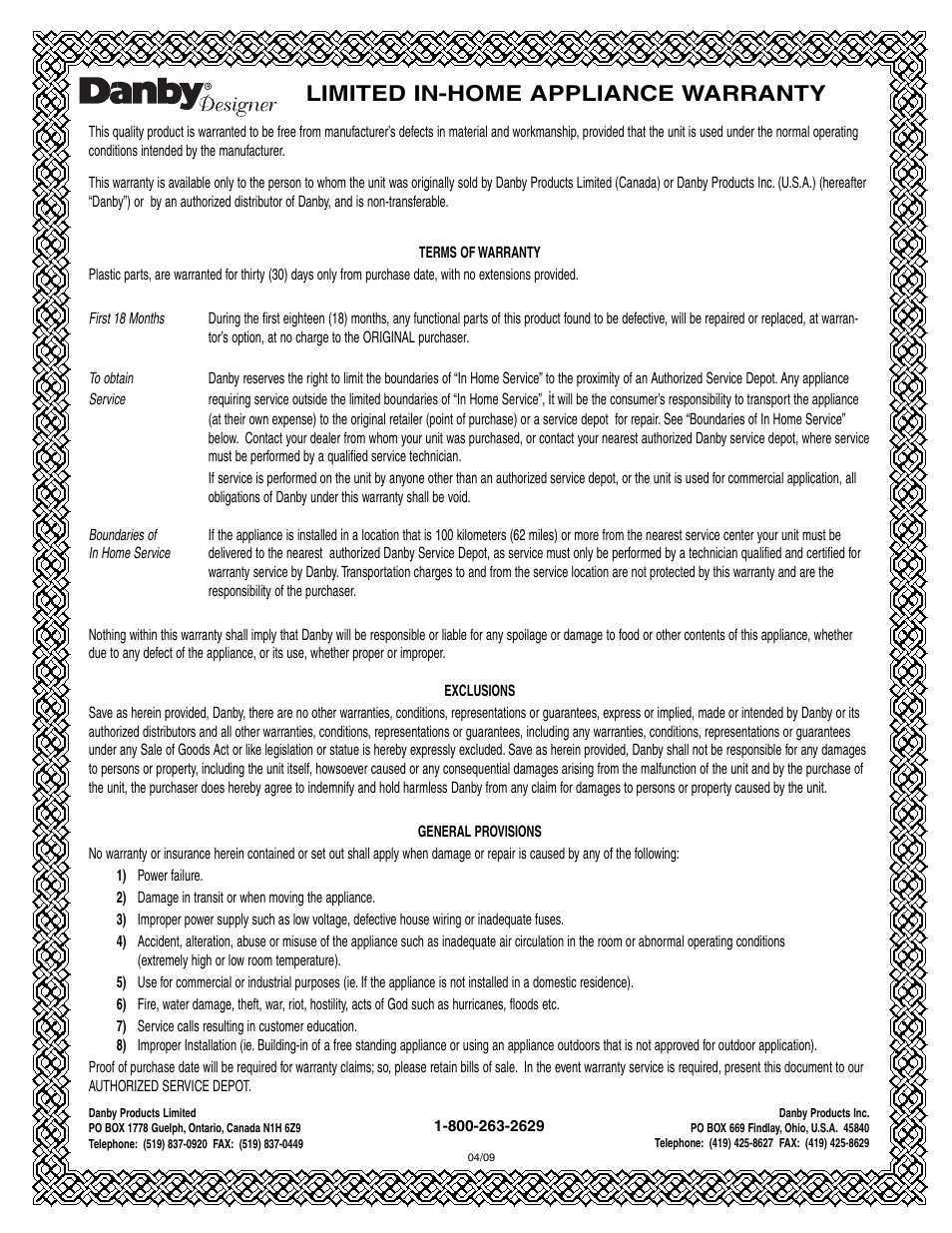 Limited in-home appliance warranty | Danby DCFM99WDD User Manual | Page 8 / 21