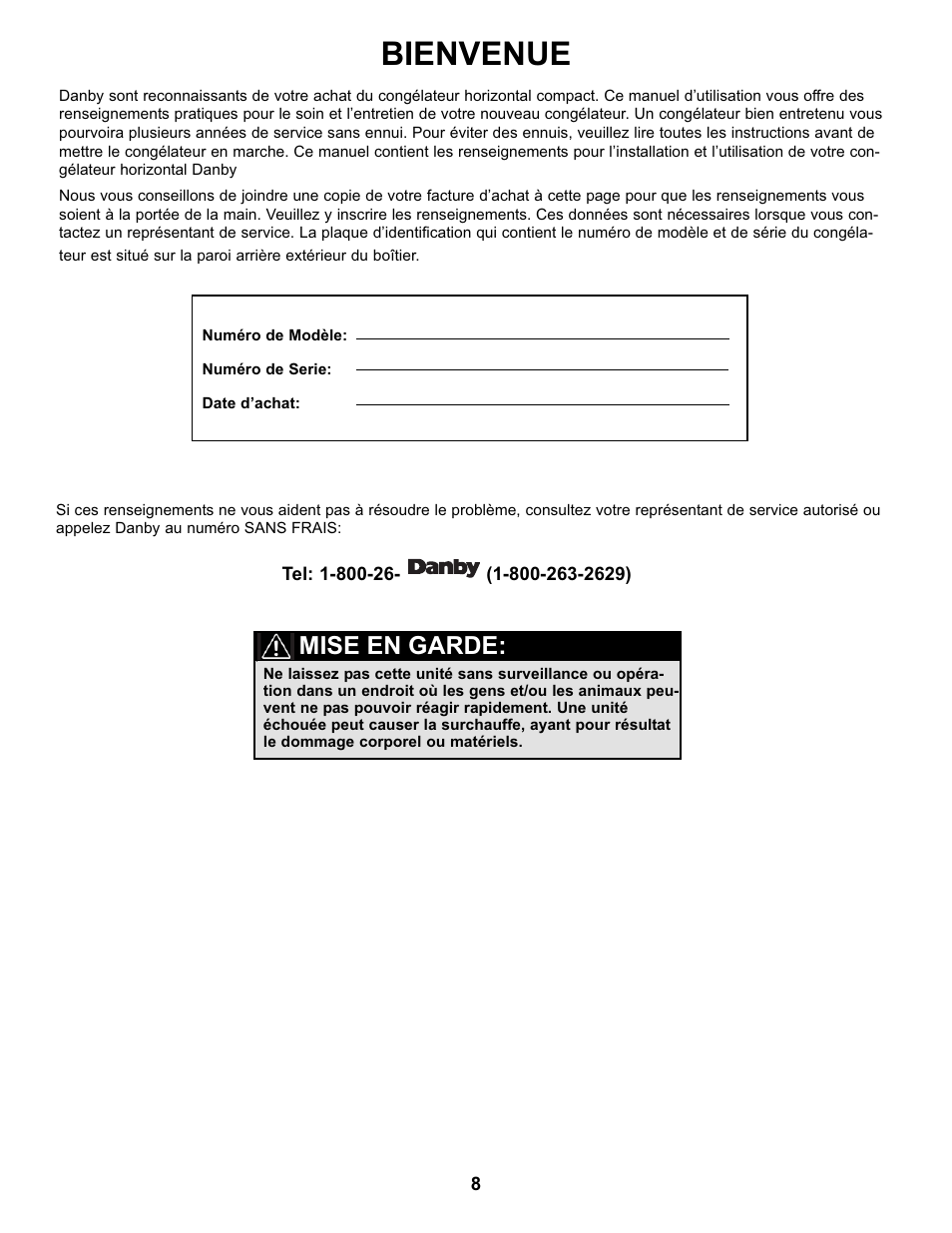 Bienvenue, Mise en garde | Danby DCFM99WDD User Manual | Page 9 / 21