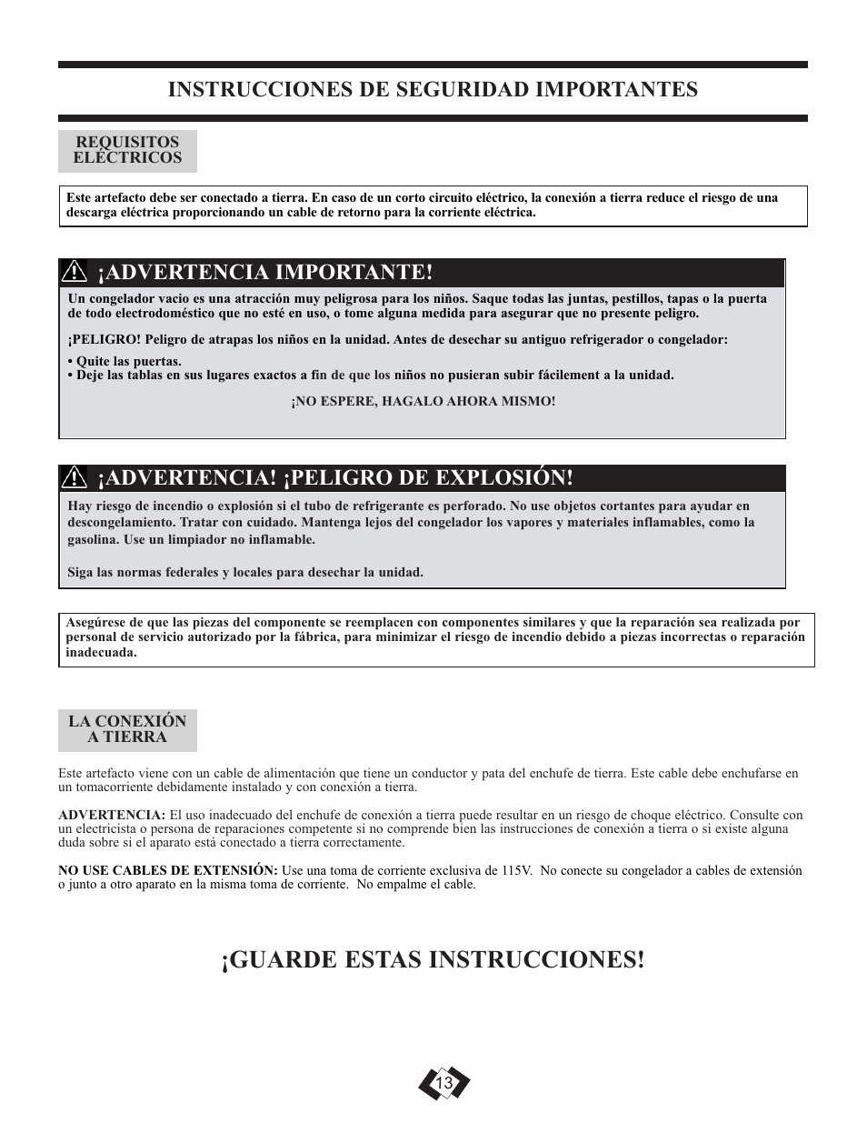 Guarde estas instrucciones, Instrucciones de seguridad importantes, Advertencia! ¡peligro de explosión | Advertencia importante | Danby DUFM032A1WDB User Manual | Page 15 / 21