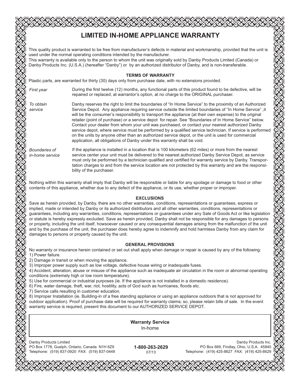 Limited in-home appliance warranty | Danby DUFM032A1WDB User Manual | Page 8 / 21