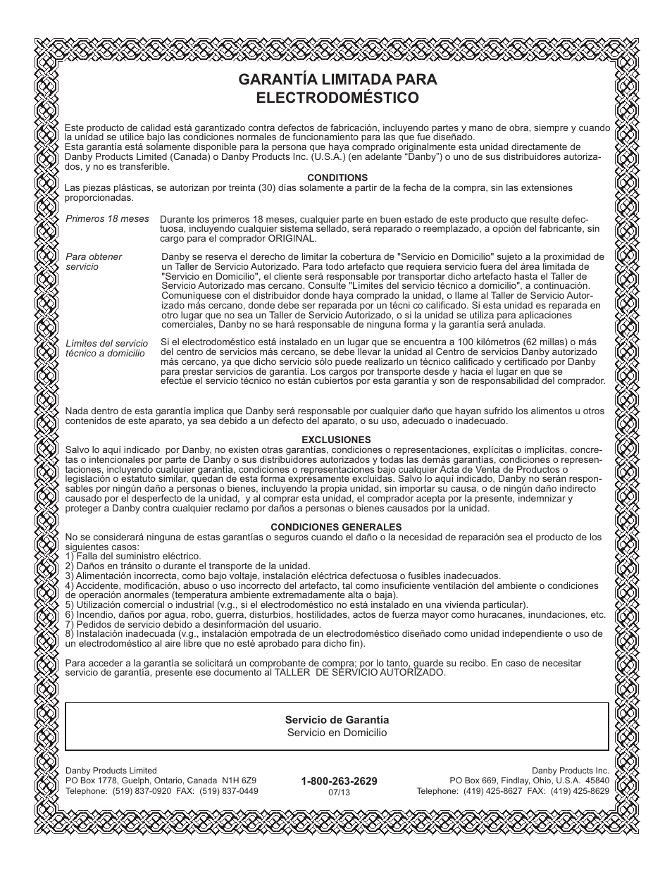 Garantía limitada para electrodoméstico, Limited in-home appliance warranty | Danby DUFM043A1WDD User Manual | Page 20 / 21