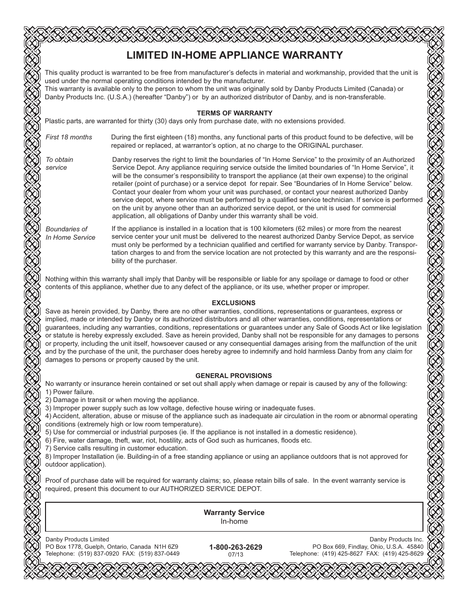 Limited in-home appliance warranty | Danby DUFM043A1WDD User Manual | Page 8 / 21