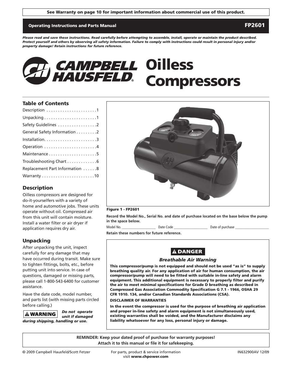 Campbell Hausfeld FP2601 User Manual | 32 pages