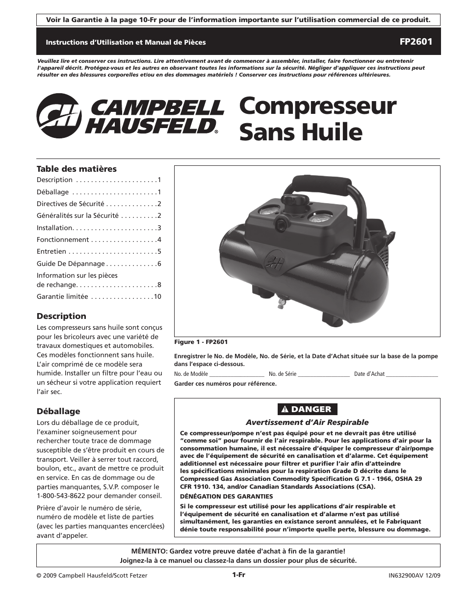 Compresseur sans huile | Campbell Hausfeld FP2601 User Manual | Page 11 / 32